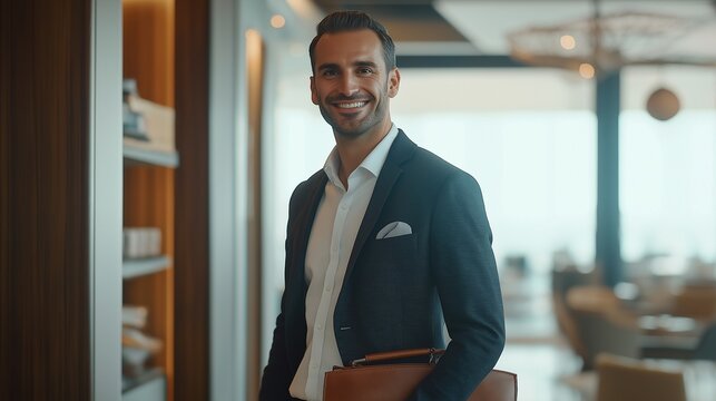 smiling salesman in a suit, standing confidently with a briefcase on a modern office background