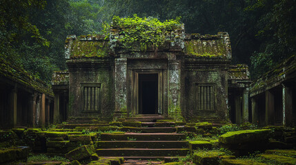 Naklejka premium Ancient stone temple overgrown with lush green vegetation in jungle old moss asia dark ruins decay