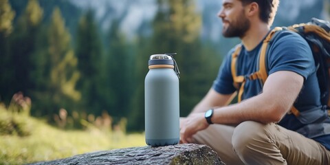 Man rests, drinks water, mountain hike
