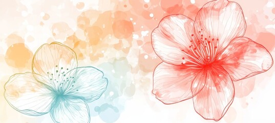 Fototapeta premium Soft Lines Sketch Pink, Orange, Blue Spring Flowers, Minimal Delicate Beauty, Decoration