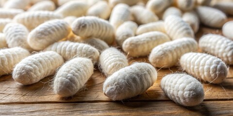 Closeup of organic silkworm cocoons on a wooden surface with natural light