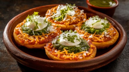 Delicious Sopes On Clay Plate. Classic Mexican Street Food With Various Toppings. Top View.