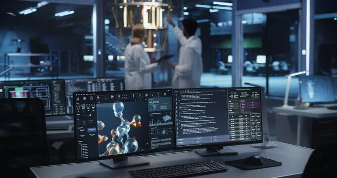Technology Laboratory with Desktop Computers with Molecular Modelling Software. Scientific Lab, Bioengineering Research Center with Quantum Computer and Scientists Working in the Background
