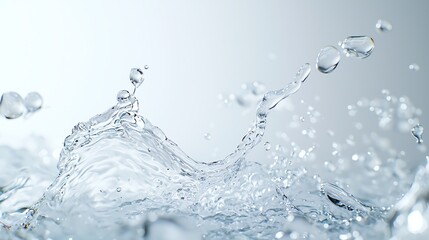 Dynamic splash of clear water captured in motion, illustrating fluidity and freshness against a soft background.