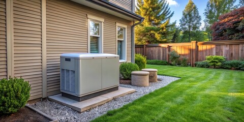 A residential backyard with a home standby generator installed on the ground near the house's electrical panel , automatic transfer switch, renewable energy