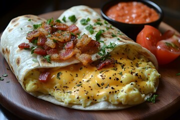 Delicious Breakfast Burrito with Scrambled Eggs, Bacon, and Cheese