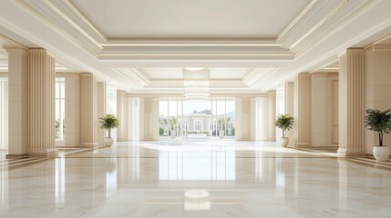 Fototapeta premium Elegant Grand Hallway: A palatial hallway bathed in soft, natural light, showcasing exquisite architectural details, marble flooring, and symmetrical design, perfect for luxury, events, and grandeur.