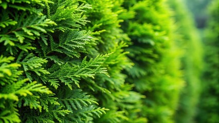 Fototapeta premium Closeup of fresh green branches from a dense hedge of thuja trees with intricate foliage and subtle texture , foliage, botanical photography
