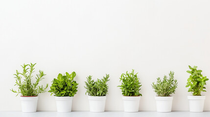 Botanical Harmony: An orderly row of miniature potted herbs in a photorealistic display, presenting fresh, verdant foliage against a backdrop, ready to enhance culinary creations and interior designs.