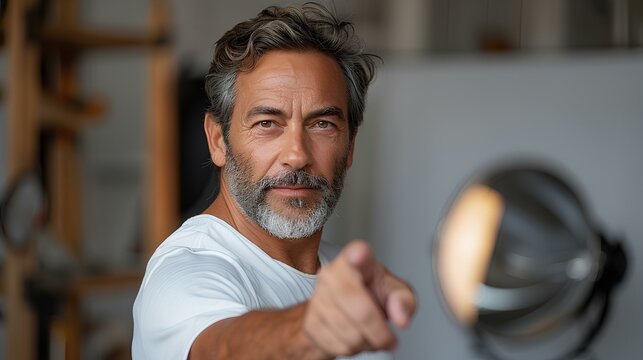 a man, pointing on something behind the scenes, it seems as if he has found  a solution
