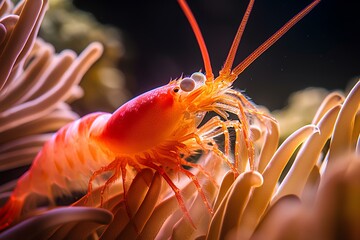 A shrimp hiding among the waving tentacles of a sea anemone, its translucent body glimmering in the light