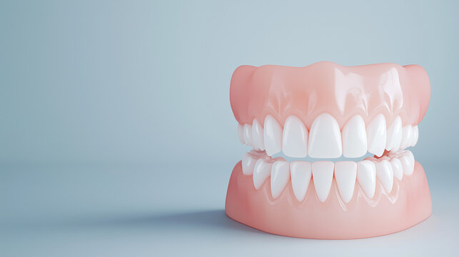 Healthy Smile: Close-up studio shot of a set of dentures against a pastel background, symbolizing dental health and artificial teeth.