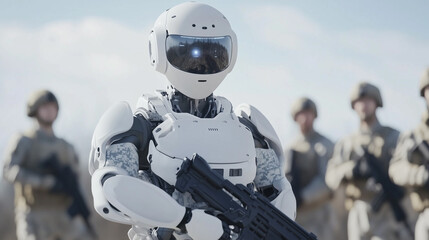 The Sentinel and Soldiers: A futuristic robot soldier stands in formation with human soldiers, armed and ready, in a scene of technological advancement and potential.
