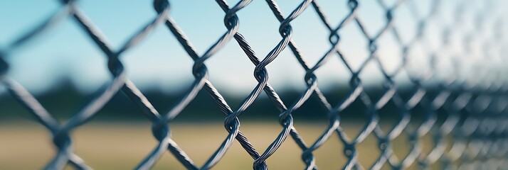 Naklejka premium A close-up view of a chain-link fence with a blurred background, showcasing its geometric pattern and wire structure under natural light.