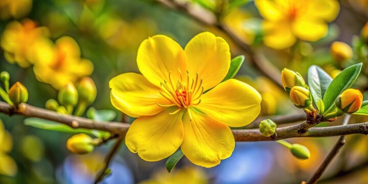 Close-up of Ochna integerrima flower, bright yellow petals, floral, botanical,  floral, botanical, yellow, nature, bloom