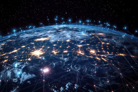 A 4K animation of Earth covered by an intricate network of digital connections, illustrating the convergence of technology and global communication.