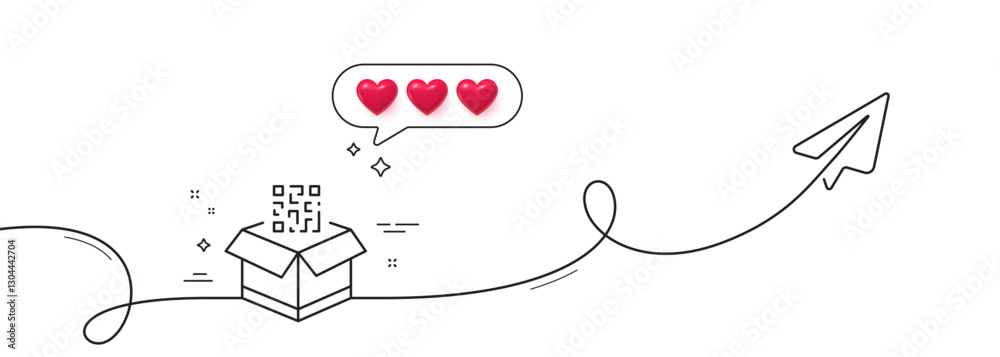Poster qr code line icon. continuous line with share plane. scan barcode sign. check delivery symbol. heart