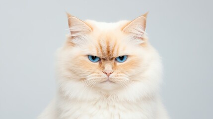 Feline Majesty: A stunning ragdoll cat stares intensely at the camera, its fur beautifully textured and eyes a piercing blue, evoking both a sense of regalness and mystery