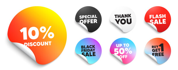 Discount sticker tag. Special offer paper price tags. 10 percent discount tag. Sale offer price sign. Special offer symbol. Discount, black friday sticker. Promo banner. Vector