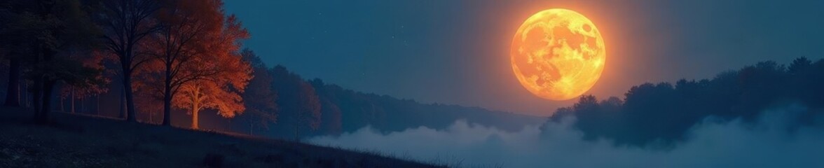 Enormous moon, glowing autumn trees, mystical fog , trees, vibrant