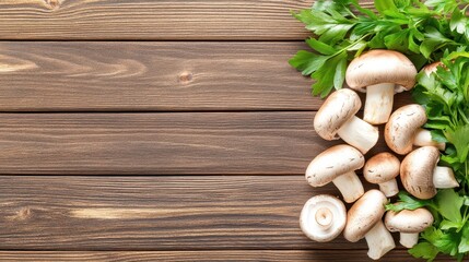 Naklejka premium Mushroom and Parsley Arrangement: A close-up capture showcasing fresh mushrooms and vibrant parsley arranged elegantly on a rustic wooden surface, capturing a sense of freshness and natural beauty.