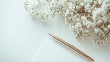 A flat lay composition features a pen poised over a guest list, adorned with a bouquet of delicate flowers on a soft, off-white background, inviting viewers to envision a personalized and charming