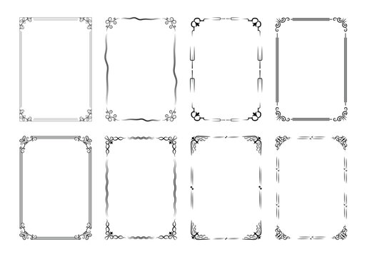 Decorative black frames. Retro calligraphic ornamental frame, vintage black and white rectangle ornaments and ornate border. Decorative wedding frames, antique museum isolated image borders.