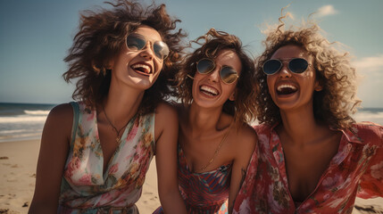 Fototapeta premium Three beautiful cheerful women are relaxing together on a beautiful sunny day