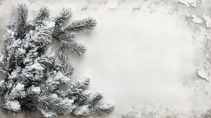 Obraz premium A weathered white canvas, adorned with a snow-dusted spruce fir abstract border, provides a serene backdrop for your copy or design. The natural beauty of the fir branches and the subtle texture of