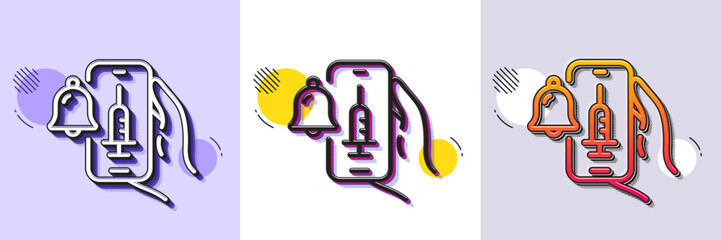 Vaccine announcement line icon. Halftone dotted pattern. Gradient icon with grain shadow. Vaccination phone app sign. Smartphone bell symbol. Line vaccine announcement icon. Various designs. Vector