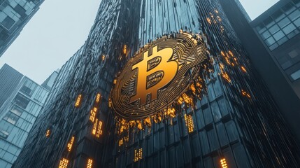 A massive Bitcoin clock melts over a skyscraper forming a glowing blue matrix of numbers