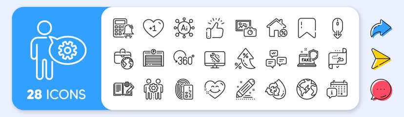 Scroll down, Electricity and Calendar line icons. Interest rate, AI generate, Inflation icons. Pack of Recycle water, Global business, Monitor repair icon. Vector