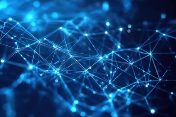 A blue-themed visualization of data exchange through digital technology, with glowing nodes and lines representing computer network communication.