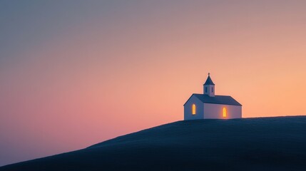 A small church on a hill at dawn, glowing softly in the morning light, symbol of community faith