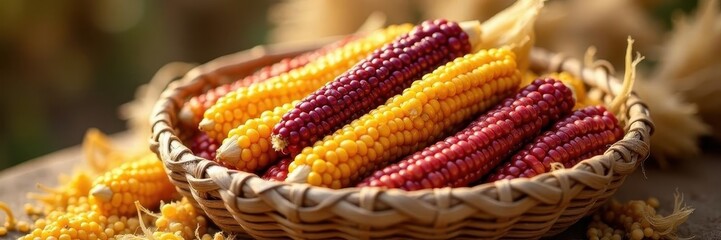 Intricate arrangement of multicolored corn in basket, surrounded by drying husks, orange, texture, maize
