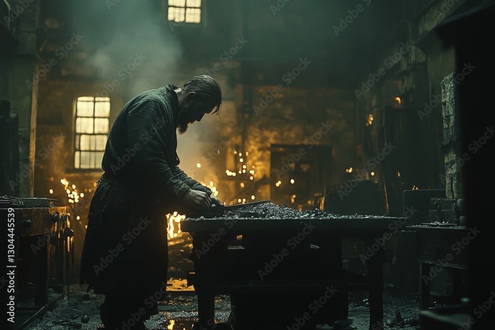 Poster blacksmith working in dimly lit forge surrounded by glowing embers and tools during late night hours