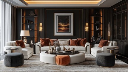 A meticulously arranged living room, a modern classic masterpiece, boasts a mockup poster frame pouf coffee table, a sleek commode, and a collection of personalized items. The scene is set with copy