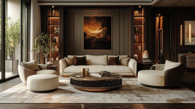 A meticulously arranged living room, a modern classic masterpiece, boasts a mockup poster frame pouf coffee table, a sleek commode, and a collection of personalized items. The scene is set with copy