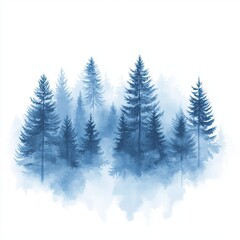 Fototapeta premium Misty Blue Forest Serene Winter Landscape Watercolor Painting