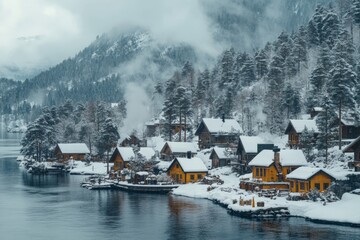 Fototapeta premium Snowy village nestled by a lake surrounded by mountains during winter season with cozy cabins and a tranquil atmosphere