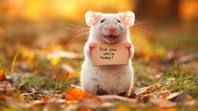 Cute white hamster holding a smiling reminder in a colorful autumn park during golden hour