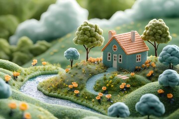 Miniature house, idyllic spring scene, river, hills, dream home concept