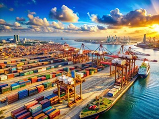Ashdod Port Israel:  Sunlit Container Ships & Cranes - High-Resolution Stock Photo