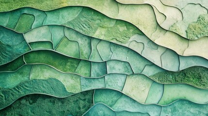 abstract background with aerial view of farmland and winding green fields, scenic and natural textures, calming and minimalist