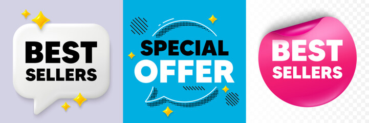 Best sellers speech bubble. 3d sparkles chat, Paper sticker. Best sellers tag. Special offer price sign. Advertising discounts symbol. Special offer bubble. Halftone dots pattern. Vector