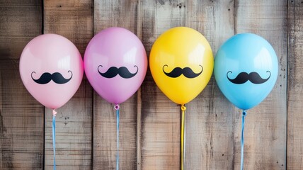 Colorful balloons with mustache designs adorn a rustic wooden wall for a festive celebration April Fools Day