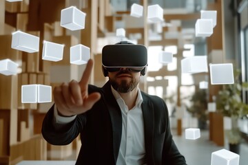 A businessman in a modern office, with his finger hovering over floating data blocks in a virtual reality environment, symbolizing digital innovation and data processing.