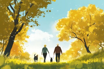 A joyful image of a retired couple and their dog walking together in a park, engaging in fitness and sports for a healthy lifestyle in their golden years.