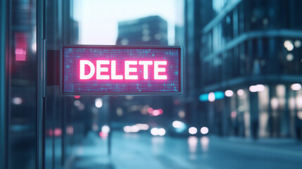 Deletion in the City: Illuminated "DELETE" sign on a building, reflecting urban digital transition.
