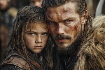 Fototapeta premium Strong bond between a warrior and a young child during a rugged battle preparation in a fierce landscape